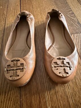 Tory Burch Tan Leather Logo Ballet Flats